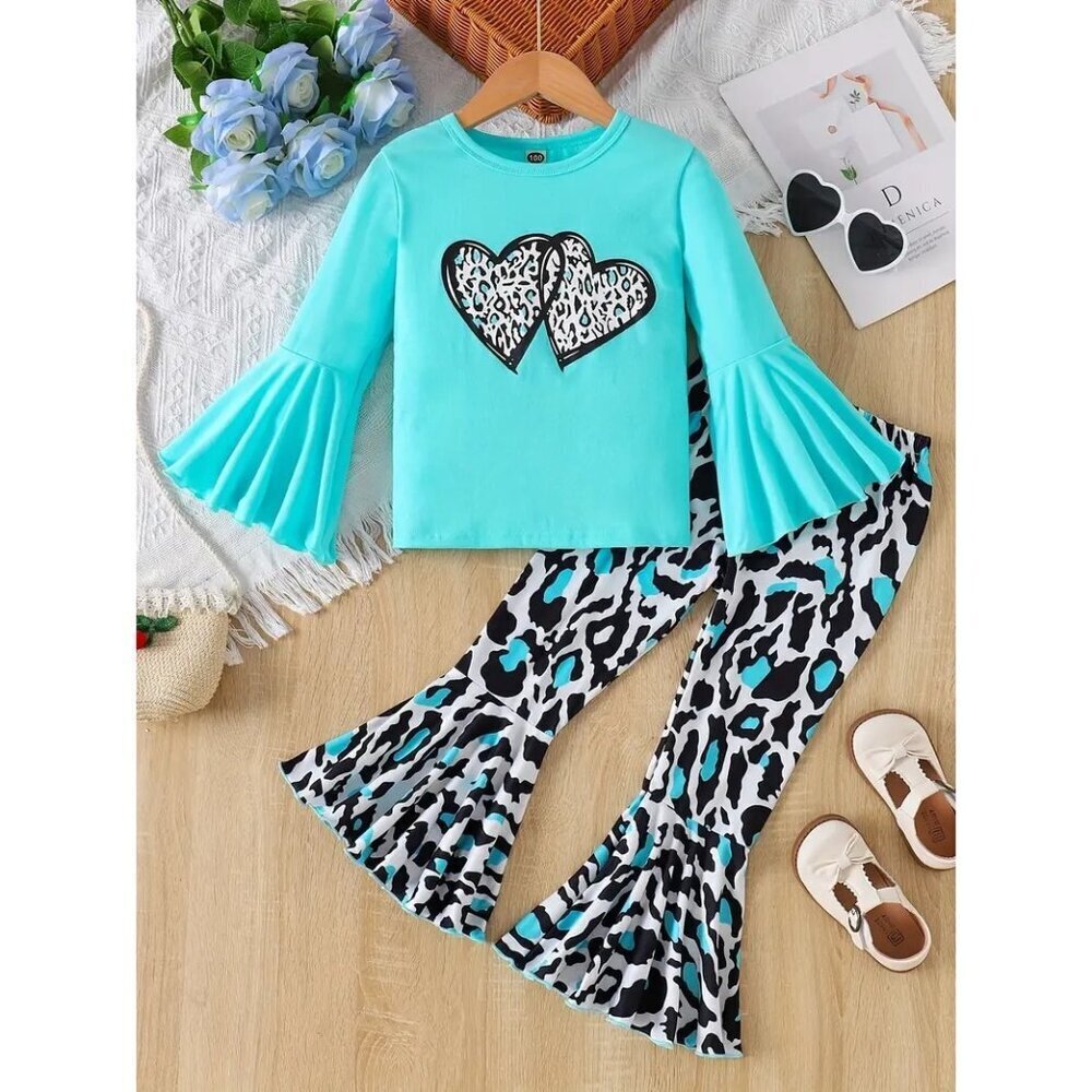 Children's Fashion Love Print Trumpet Long Sleeve T-shirt + Cow Print Trumpet Lo
